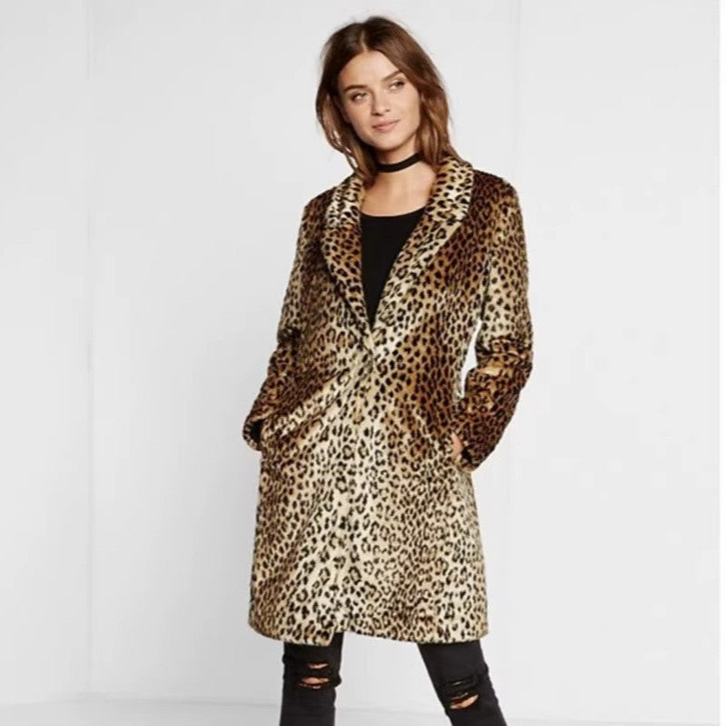 Damen Midilanger Faux‑Fur‑Mantel im Leopardenprint mit Reverskragen und Eingrifftaschen Shop Nory