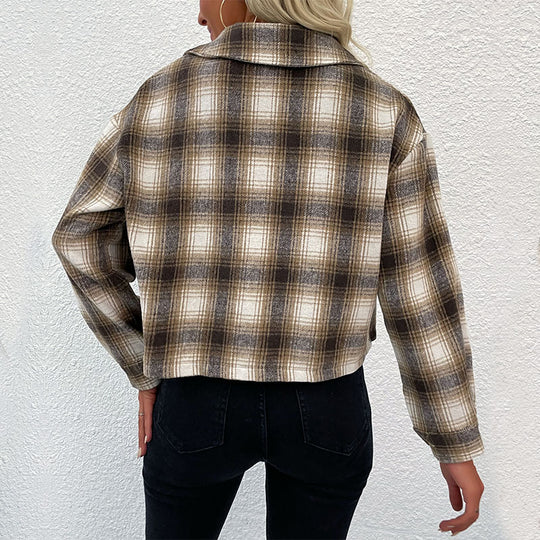 Damen Karo-Umschlaghemdjacke mit kastiger Kurzform und aufgesetzten Brusttaschen Shop Nory