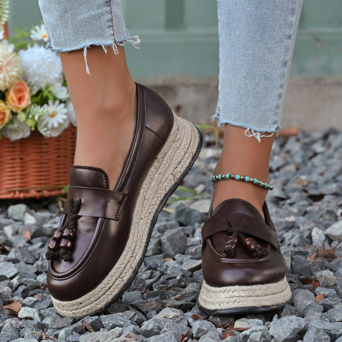 Damen Espadrilles mit modischer Schnürung und geflochtenem Boden