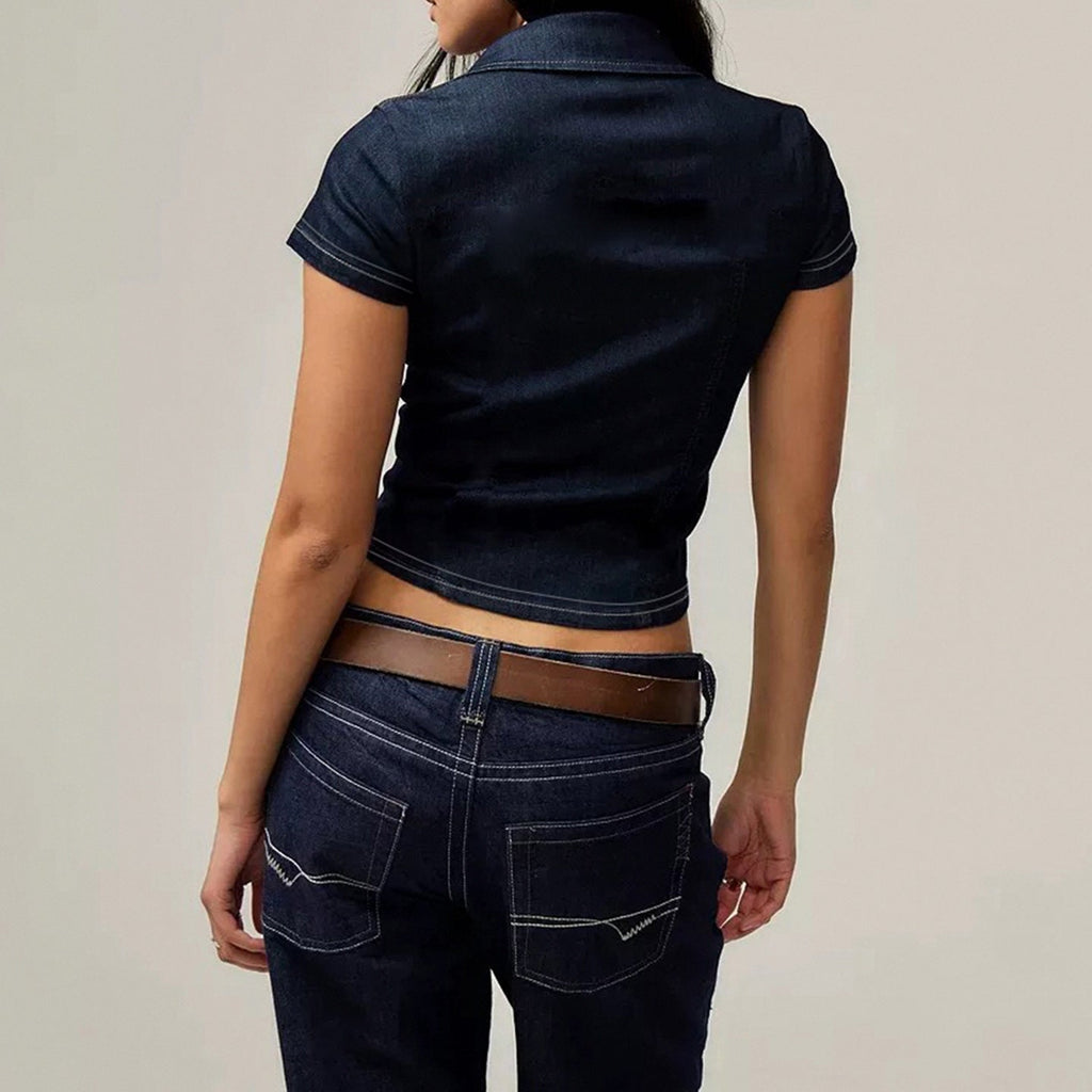 Damen Stylisches Jeanshemd mit taillierter Passform und kurzen Ärmeln