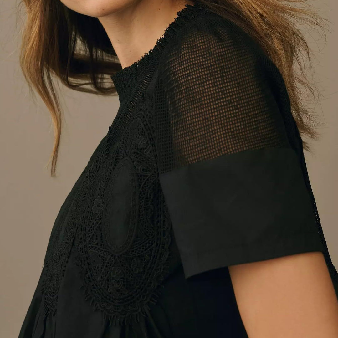 Damen Spitzenblusen-Top mit Stehkragen, Netz-Einsatz und geraffter A-Linien-Silhouette Shop Nory