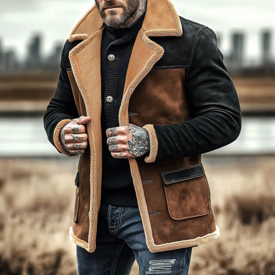 Herren Langer Kunstlammfell-Mantel mit Schalkragen, Kontrastärmeln und Pattentaschen Shop Nory