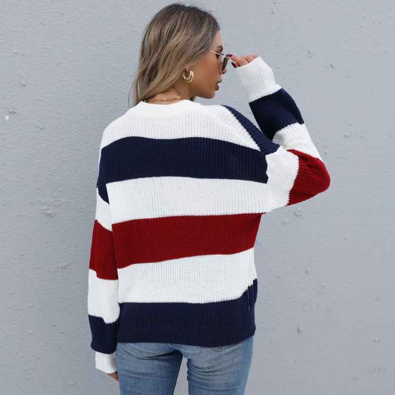 Damen Gestreifter Grobstrick-Pullover mit Rundhals und überschnittenen Ärmeln Shop Nory