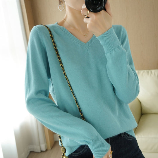 Damen Leichter V‑Ausschnitt Feinstrickpullover aus kaschmirweicher Baumwollmischung mit elastischen Rippbündchen Shop Nory