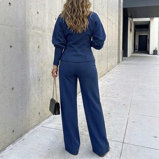 Damen Zweiteiliges tailliertes Blazer‑Hosen‑Set mit goldenen Zierknöpfen und weitem Palazzo-Bein Shop Nory