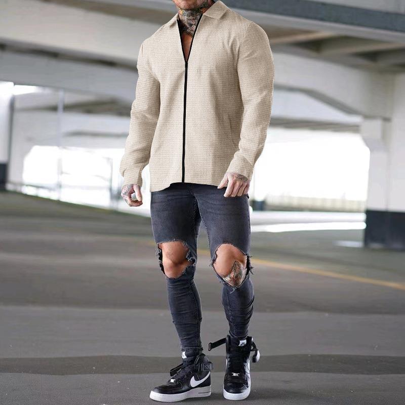 Herren nan strukturiertes Langarm-Hemdjacke mit verdecktem Halbzip, Kentkragen und leichter Waffelstruktur Shop Nory