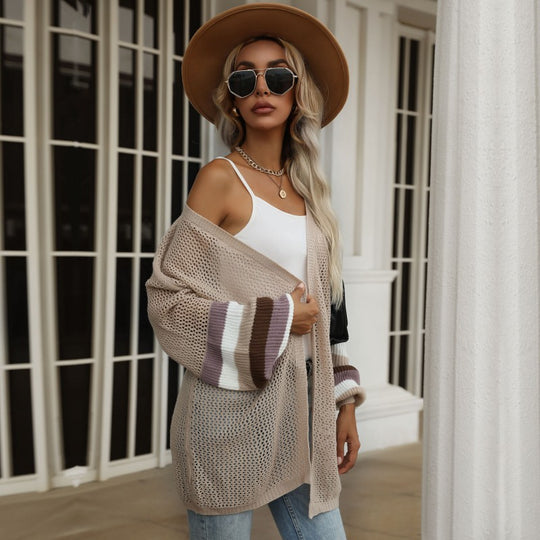 Damen Longline-Netzstrick-Cardigan mit Ballonärmeln und Blockstreifen Shop Nory