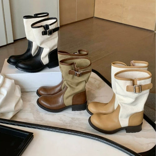 Damen Leder-Leinen Mid-Calf Stiefel mit Schnallenriemen Shop Nory