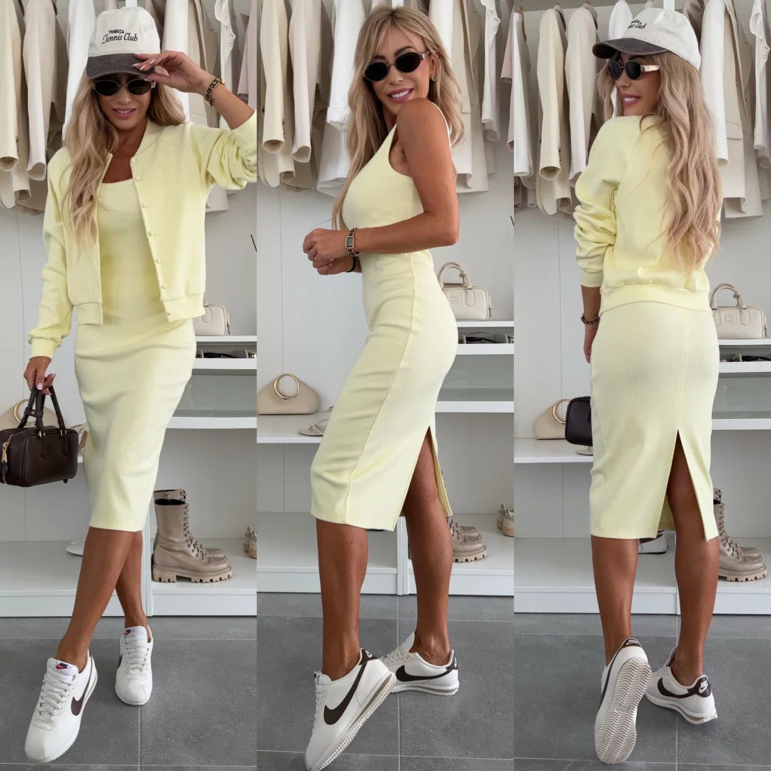 Damen figurbetontes Strick-Midikleid mit passender Kurzjacke und Rundhalsausschnitt Shop Nory