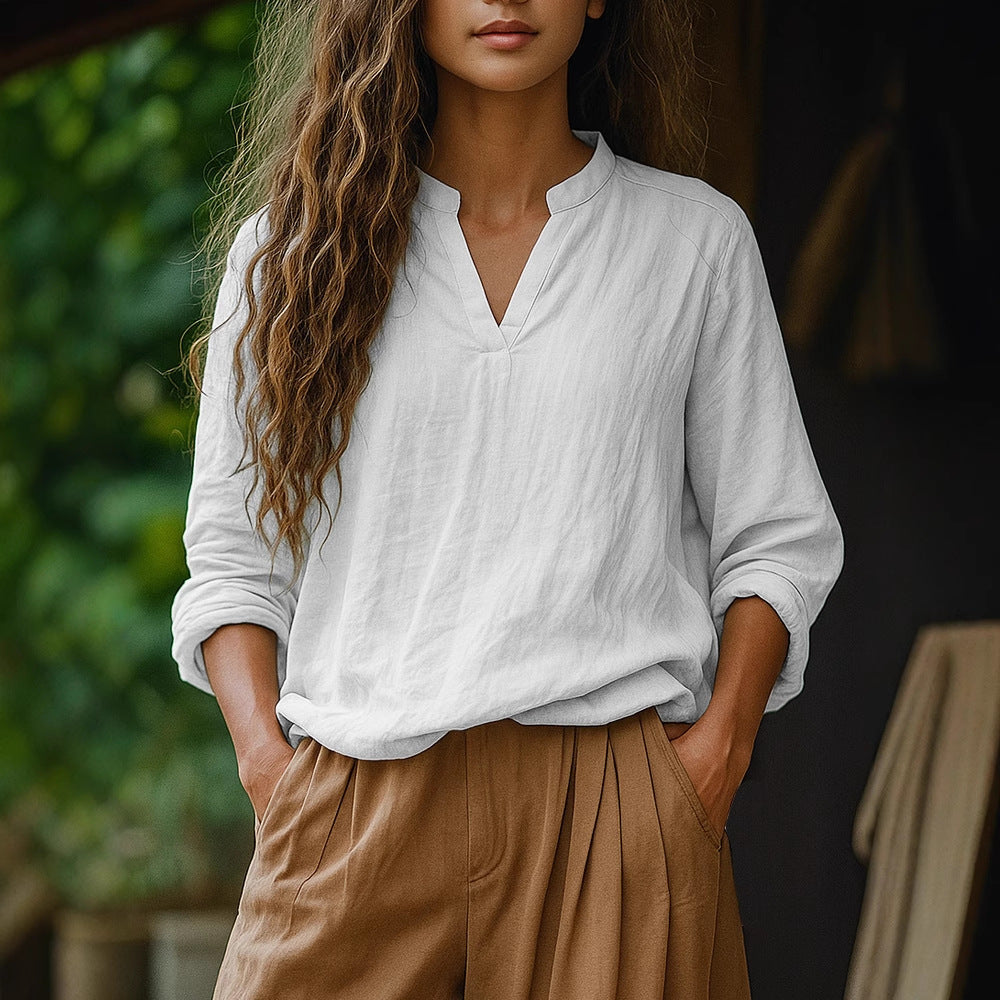 Damen Casual Tunika-Bluse in Leinenoptik mit kleinem Stehkragen und V‑Schlitz Shop Nory