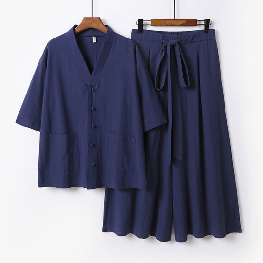 Damen Zweiteiliges Kimono-Lounge-Set mit Kurzarm-Knopfjacke, aufgesetzten Taschen und weiten Palazzo-Hosen Shop Nory