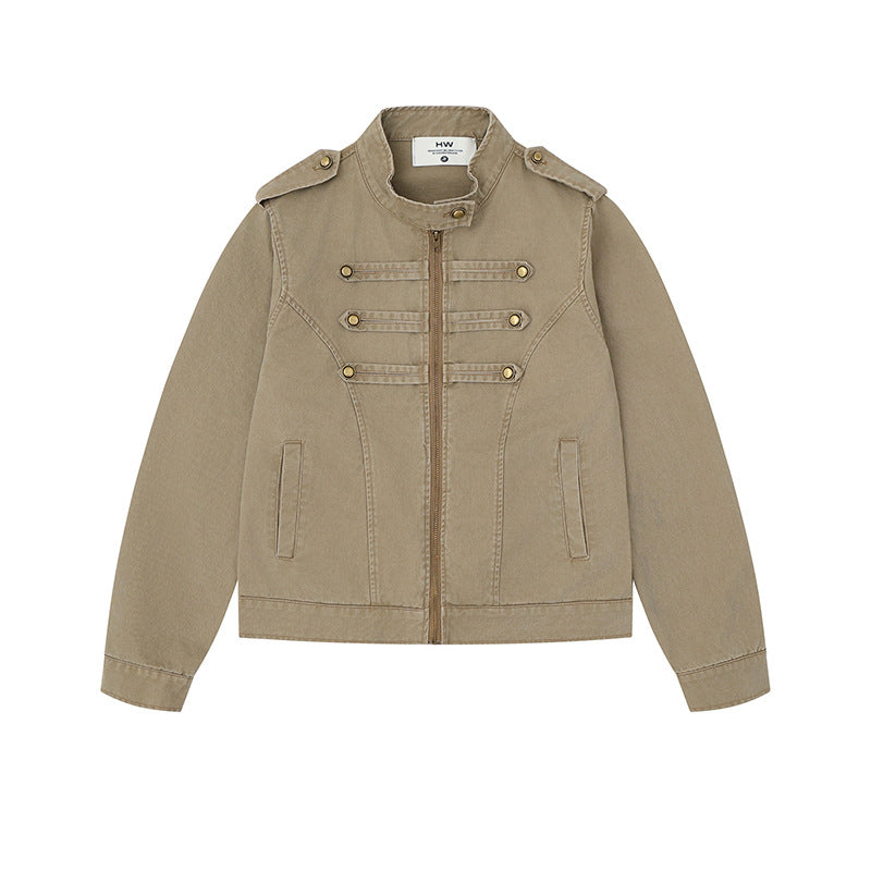 Damen Military-inspirierte Baumwoll-Canvas-Jacke mit Stehkragen, Zierknopfleisten und Schulterpatten Shop Nory