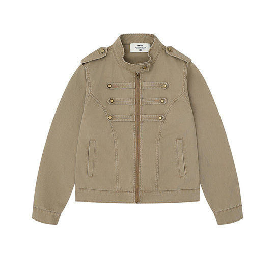 Damen Military-inspirierte Baumwoll-Canvas-Jacke mit Stehkragen, Zierknopfleisten und Schulterpatten Shop Nory