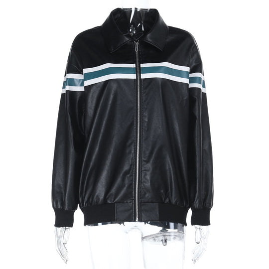 Damen Kunstleder-Bomberjacke mit Retro-Streifen und durchgehendem Reißverschluss Shop Nory
