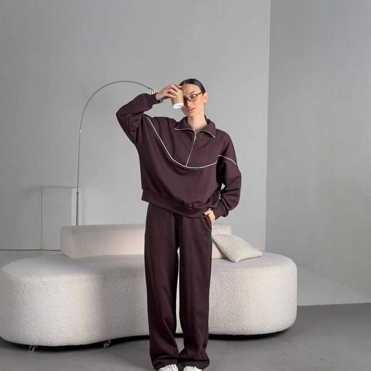 Damen Lockeres Loungewear-Set mit halbhohem Reißverschluss, überschnittenen Schultern und weiter Palazzohose Shop Nory