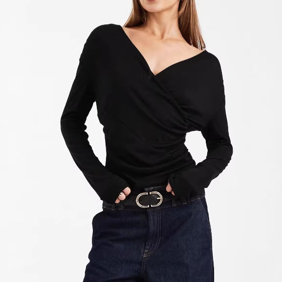 Damen Figurbetontes Wickelshirt mit V-Ausschnitt und Raffung Shop Nory