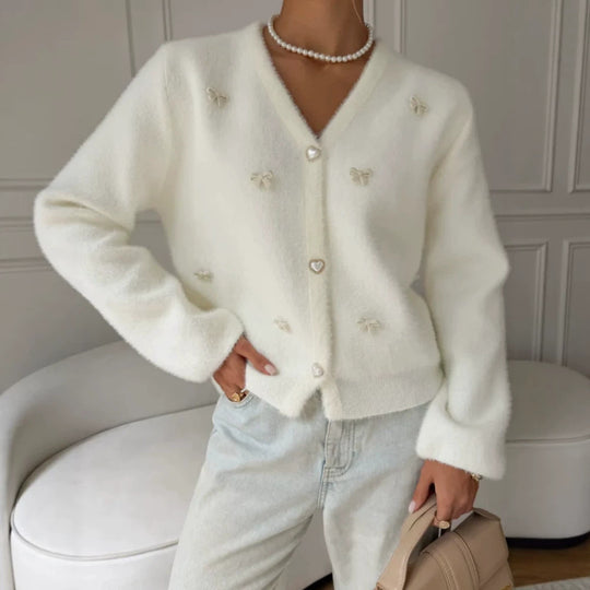 Damen Flauschige Strickjacke mit Herzknöpfen Shop Nory