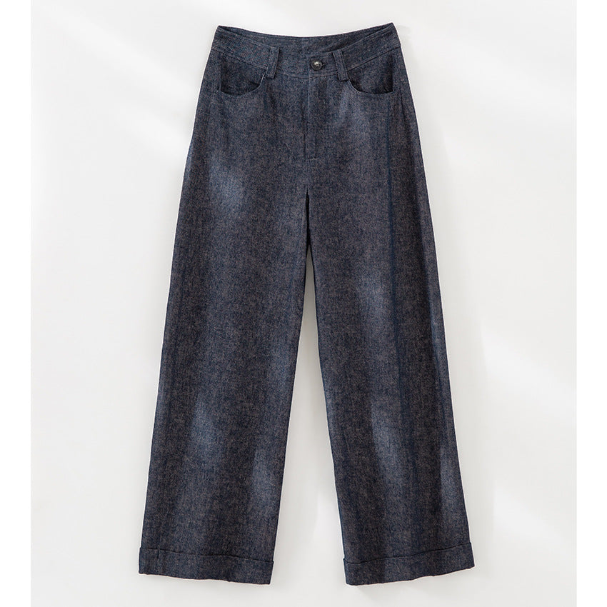 Damen Weite High-Waist-Jeanshose mit Bügelfalte und Umschlagsaum Shop Nory