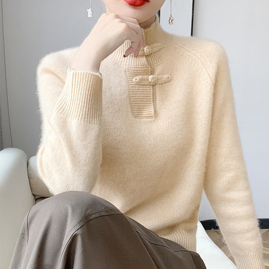 Damen Kaschmir‑Optik Mockneckpullover mit dekorativer KnShop Noryelknopfblende Shop Nory