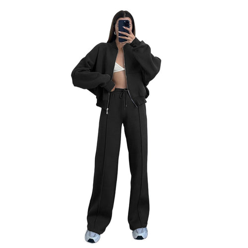Damen nan kurz geschnittenes Blouson mit Reißverschluss und weiter High-Waist Jogginghose Set Shop Nory