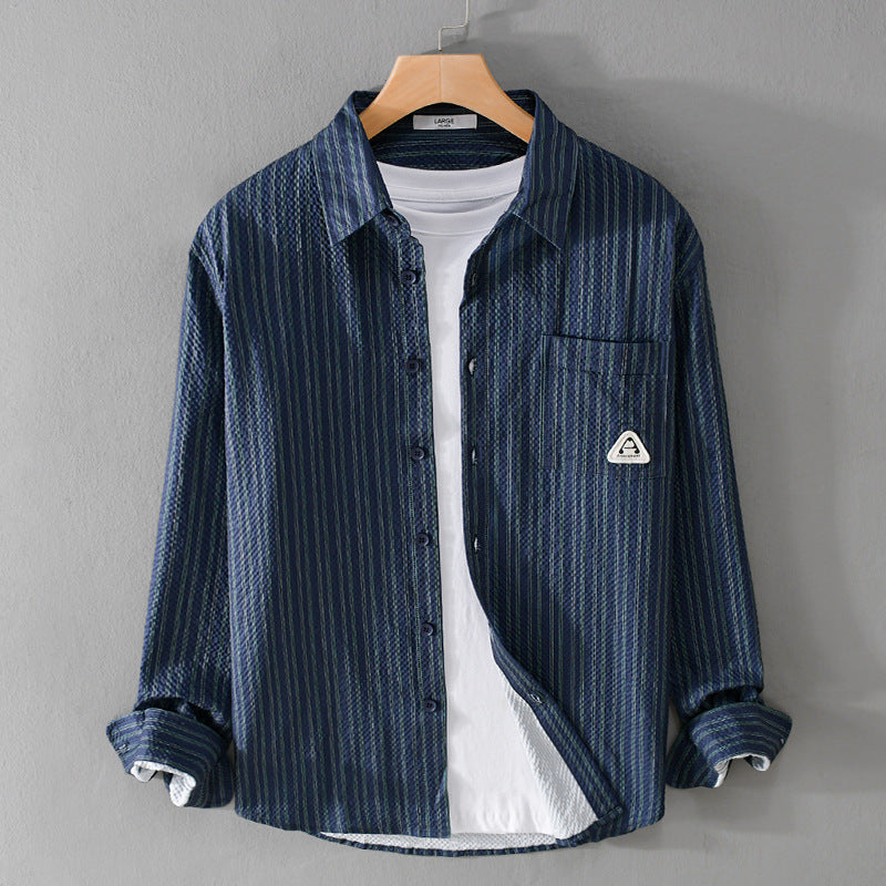 Herren Leichtes gestreiftes Baumwoll‑Leinen Layering‑Overshirt mit Kentkragen, Brusttasche und Crinkle‑Struktur Shop Nory