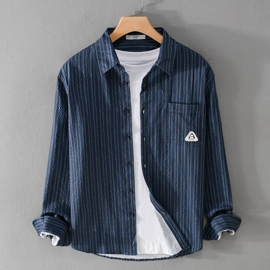 Herren Leichtes gestreiftes Baumwoll‑Leinen Layering‑Overshirt mit Kentkragen, Brusttasche und Crinkle‑Struktur Shop Nory