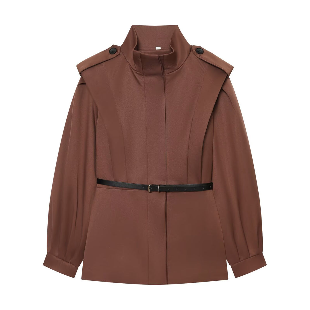 Damen Kurzer Cape‑Trench mit hohem Funnelkragen und Taillengürtel Shop Nory