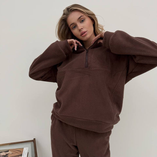 Damen Kuscheliges Fleece-Loungewear-Set mit halbem Reißverschluss und elastischer Jogginghose Shop Nory