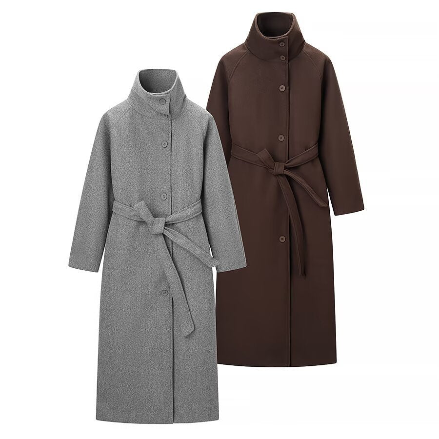 Damen Langmantel mit Bindegürtel und hohem Stehkragen aus Wollmix Shop Nory