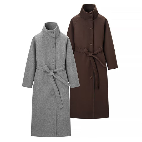 Damen Langmantel mit Bindegürtel und hohem Stehkragen aus Wollmix Shop Nory
