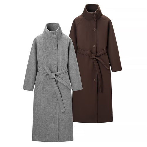 Damen Langmantel mit Bindegürtel und hohem Stehkragen aus Wollmix Shop Nory