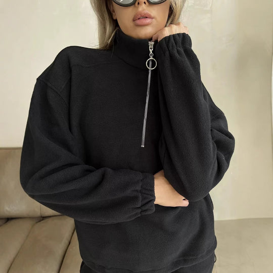 Damen lässiges Fleece-Jogginganzug Set mit Stehkragen und halbhohem Reißverschluss Shop Nory