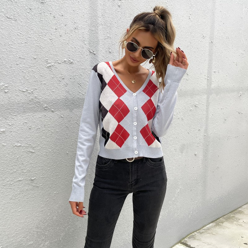 Damen Leichter Kurzcardigan mit Rautenmuster, V-Ausschnitt und Knopfleiste Shop Nory