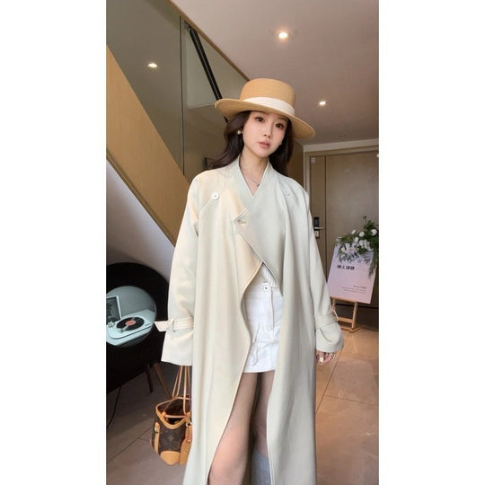 Damen Maxi-Trenchcoat mit Wasserfallkragen und gerafften Ärmeln Shop Nory