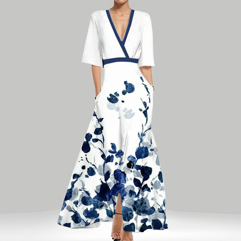 Elegantes V-Ausschnitt Bedrucktes Taillenkleid mit Schößchen