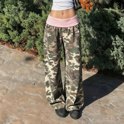 Damen nan weite Lounge-Hose mit Umschlagbund, Camouflage‑Muster und elastischem Komfortstretch Shop Nory