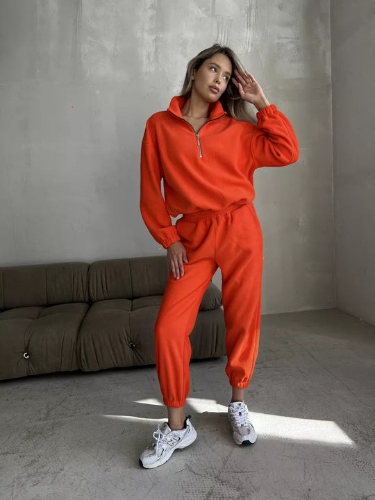 Damen lässiges Fleece-Jogginganzug Set mit Stehkragen und halbhohem Reißverschluss Shop Nory