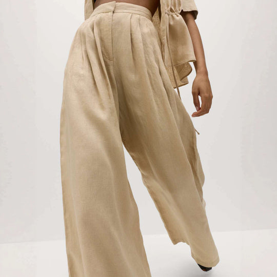 Damen Weite High‑Waist Leinenoptik Palazzo‑Hose mit Bundfalten und Eingrifftaschen Shop Nory