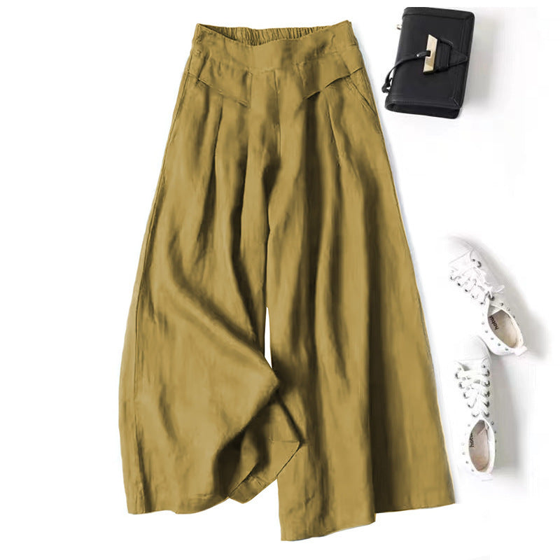 Damen Weit geschnittene Leinenhose mit hohem Bund und eleganten Falten