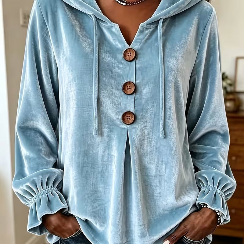 Damen Samt-Hoodie mit Holzknopfblende, Tunnelzug und gerafften Ärmeln Shop Nory