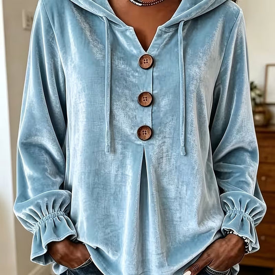 Damen Samt-Hoodie mit Holzknopfblende, Tunnelzug und gerafften Ärmeln Shop Nory
