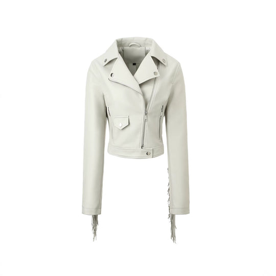 Damen Kurz geschnittene taillierte Bikerjacke aus Kunstleder mit Fransen an den Ärmeln und asymmetrischem Reißverschluss Shop Nory