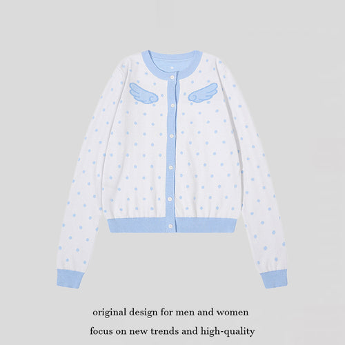 Damen Kurzgeschnittene Punkt-Strickjacke mit Engelsflügel-Motiv und Rippbündchen Shop Nory