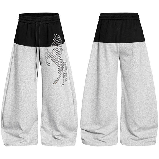 Damen Weite Palazzo-Joggpants mit hohem Elastikbund, kontrastierter Bundpartie und pixeliertem Pferde‑Motiv Shop Nory
