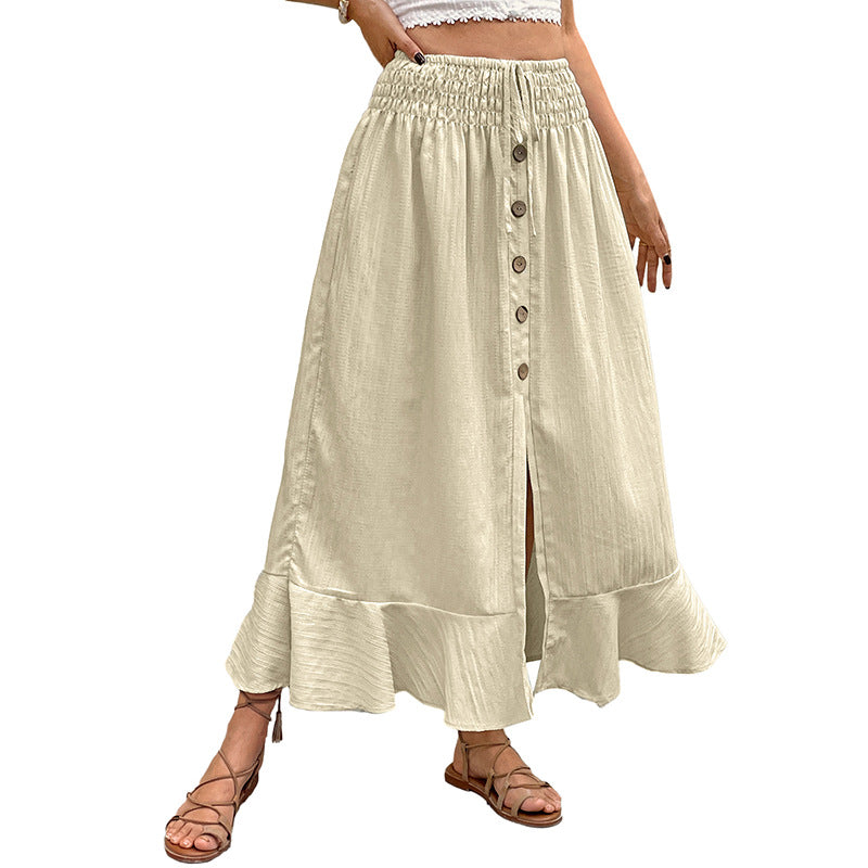 Damen Sommerlicher Maxirock mit Smockbund, durchgehender Knopfleiste, Seitenschlitz und Volant Shop Nory
