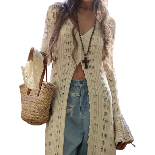 Damen Langer Häkelstrick-Cardigan mit Glockenärmeln und Offener Front Shop Nory