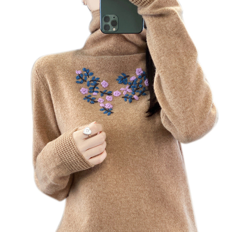 Damen Kaschmir‑Optik Rollkragenpullover mit zarter Blumenstickerei am Brustbereich Shop Nory