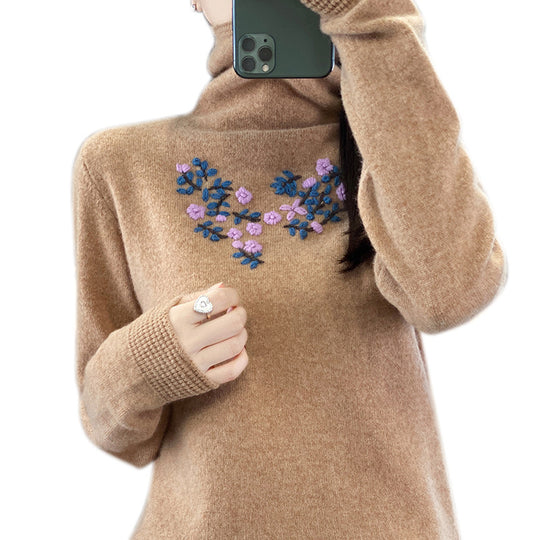 Damen Kaschmir‑Optik Rollkragenpullover mit zarter Blumenstickerei am Brustbereich Shop Nory