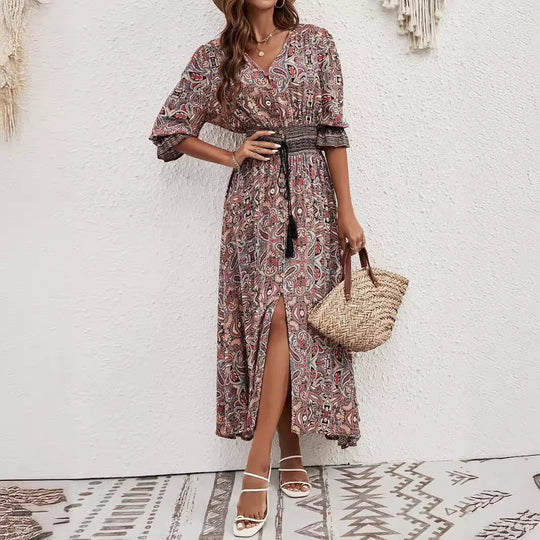 Damen Maxikleid mit abnehmbarem Taillengürtel und kunstvollem Muster