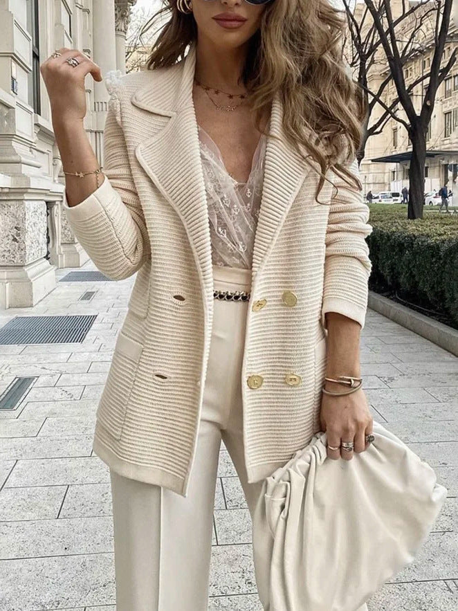 Damen Strukturierter Strick-Blazer mit Reverskragen und Doppelknopfleiste Shop Nory